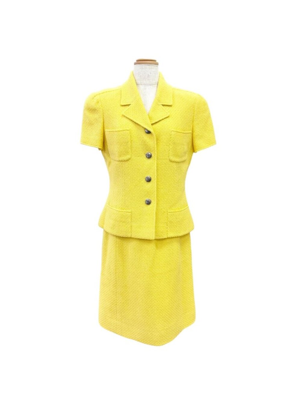 Chanel Vintage 97C CC Logo Button Tweed Short Sleeve Jacket Skirt Suit Set 40